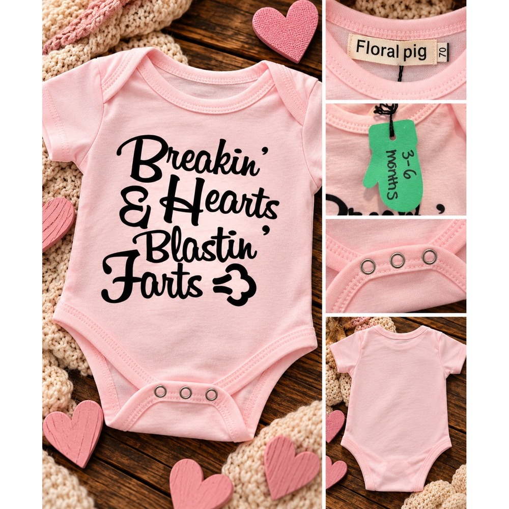 Floral Pig Baby Bodysuit 3-6M Pink Breakin Hearts Blastin Farts Funny Graphic